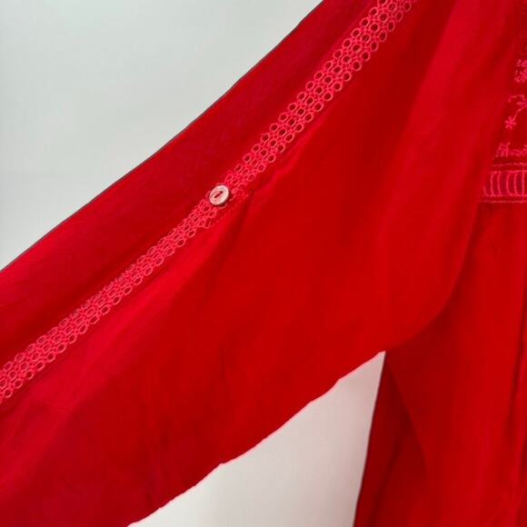 Sundance Tunic Top Sz M Red Embroidered Semi Sheer Boho 3/4 Sleeves - Picture 3 of 5